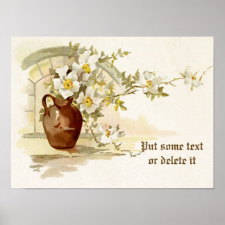 Vintage vase with white roses watercolor print
