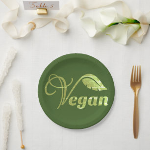 Vintage Vegan Logo Green Leaf  Paper Plate