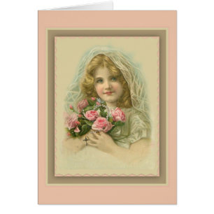 Vintage Veiled Girl with roses & rosary