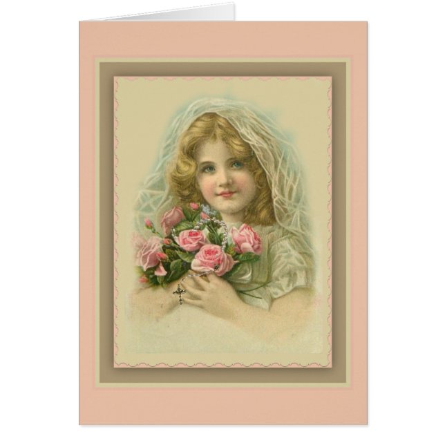 Vintage Veiled Girl with roses & rosary (Front)