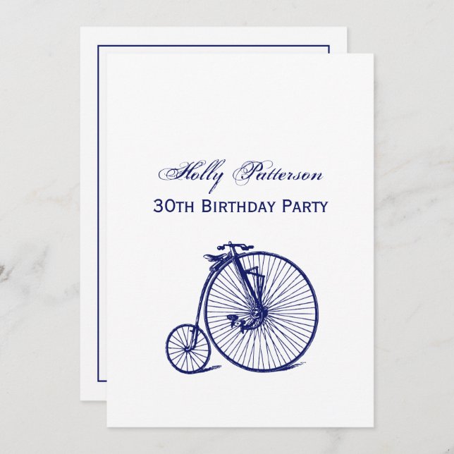 Vintage Velocipede Penny Farthing Bicycle Bike Blu Invitation (Front/Back)
