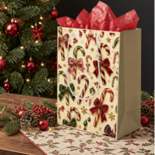 Vintage Velvet Bow & Candy Cane Christmas Medium Gift Bag