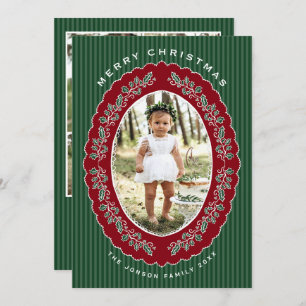 Vintage Velvet Christmas Red Green Striped 5 Photo Holiday Card