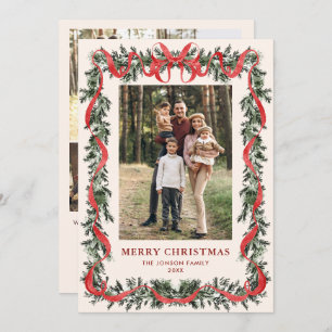 Vintage Velvet Green Stripped Red Bow 5 Photo Holiday Card