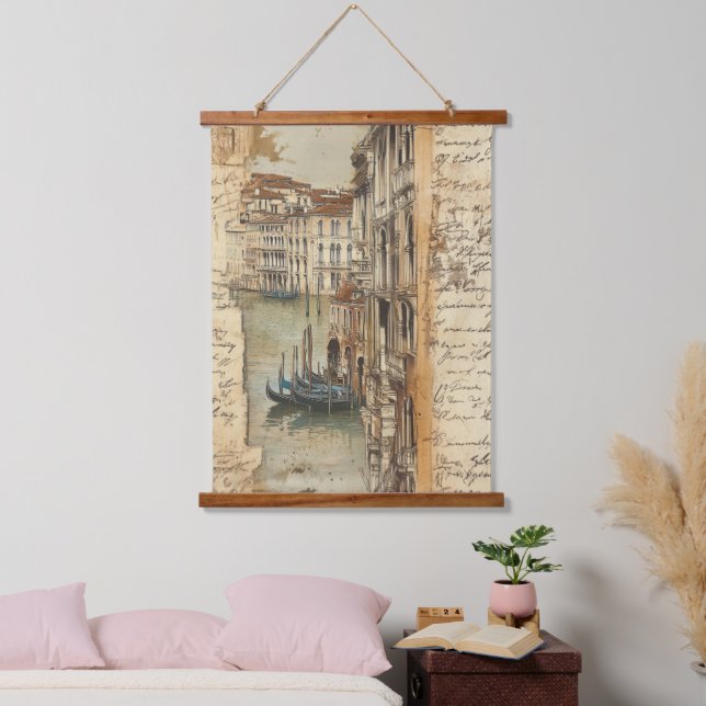 Vintage Venice Canal with Handwritten Script Hanging Tapestry (Bedroom)