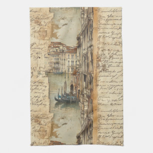 Vintage Venice Canal with Handwritten Script Tea Towel