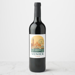 Vintage Venice Italy Travel Gondola and City Retro Wine Label