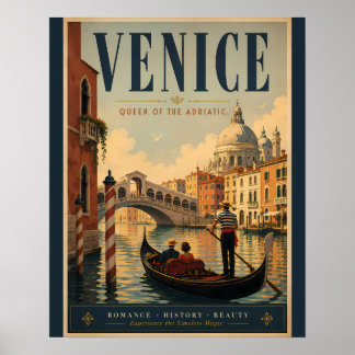 Vintage Venice Travel Poster with Gondola and Hist