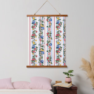 Vintage Vertical Strawberry Floral Stripe Pattern Hanging Tapestry