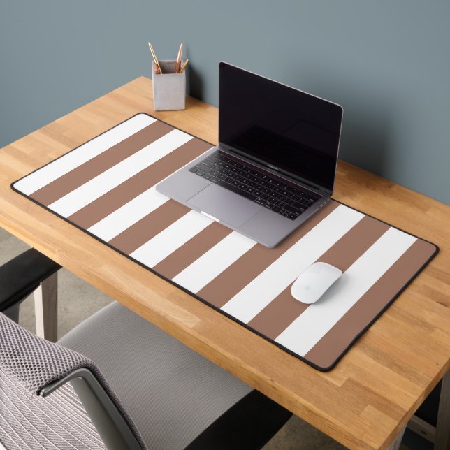 Vintage Vertical Stripes Mocha Mousse White Desk Mat (Office 2)