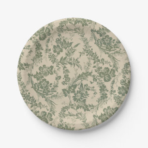 Vintage Vibrant Green Floral Pattern Paper Plate