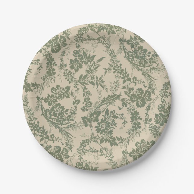 Vintage Vibrant Green Floral Pattern Paper Plate (Front)