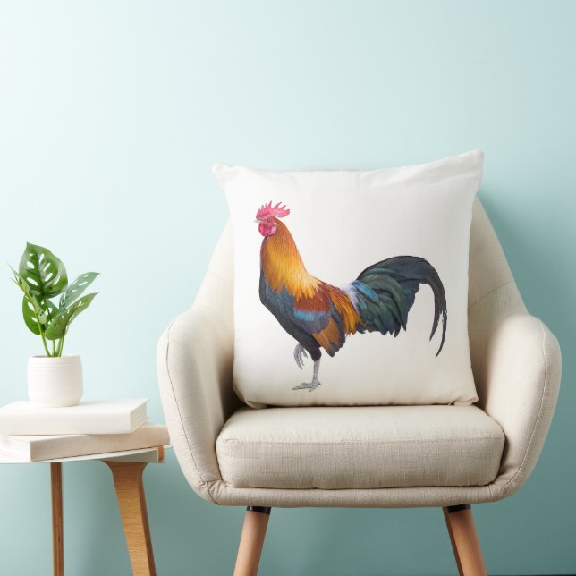 Vintage, vibrantly coloured rustic farm rooster cushion (Chair)