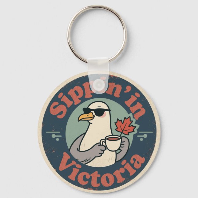 Vintage Victoria BC Coffee & Seagull Key Ring (Front)