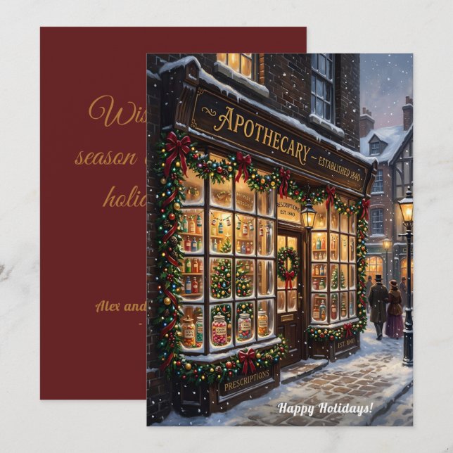 Vintage Victorian Apothecary Pharmacy Christmas Holiday Card (Front/Back)