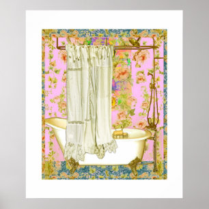 Vintage Victorian Bathtub Brass Fixtures Pink Poster