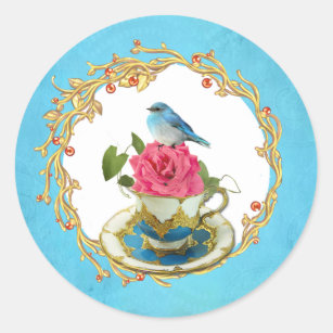 Vintage Victorian Birds Pink  Roses Tea cup Flame Classic Round Sticker