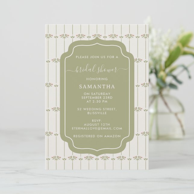 Vintage Victorian Botanical Stripes Bridal Shower Invitation (Standing Front)