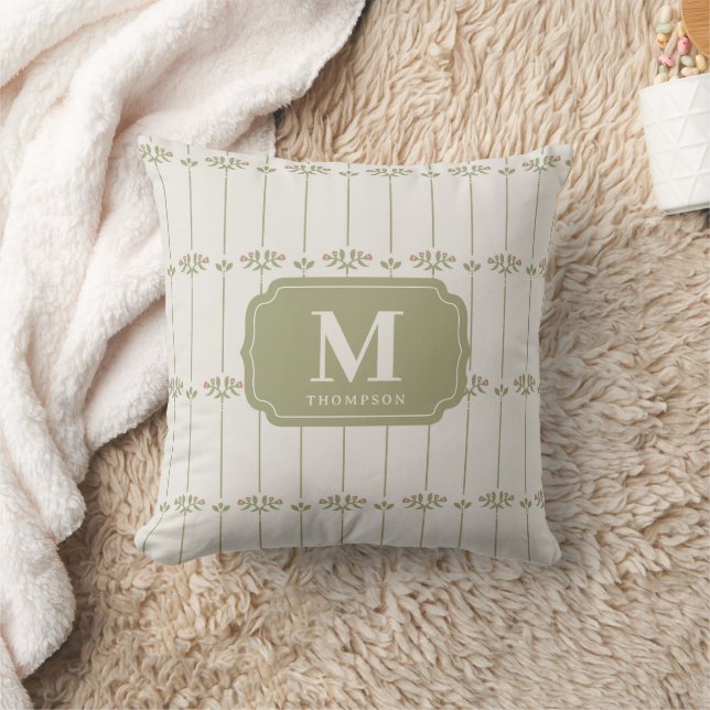Vintage Victorian Botanical Stripes Monogram Cushion (Blanket)