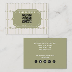 Vintage Victorian Botanical Stripes QR Code Business Card