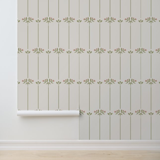 Vintage Victorian Botanical Traditional Stripes Wallpaper (Application)