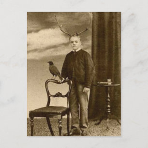 Vintage Victorian Boy With Antlers and a Raven Postcard