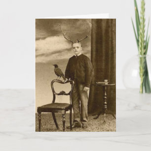 Vintage Victorian Boy With Antlers and Raven Weird Card