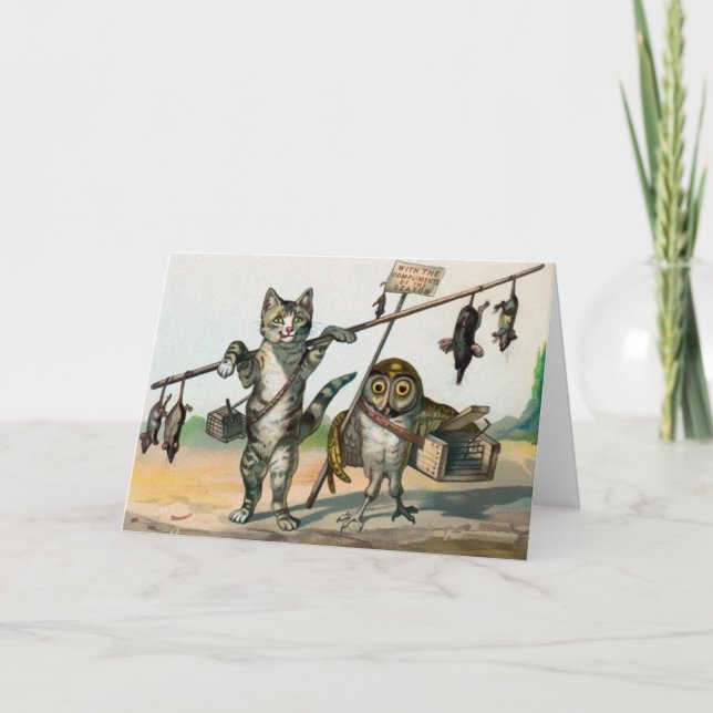 Vintage Victorian Cat and Owl Christmas Card (Front)