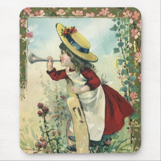 Vintage Victorian Child, Girl Blowing Bugle Meadow Mouse Pad