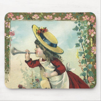 Vintage Victorian Child, Girl Blowing Bugle Meadow Mouse Pad