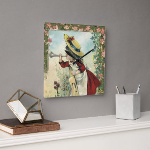 Vintage Victorian Child, Girl Blowing Bugle Meadow Square Wall Clock