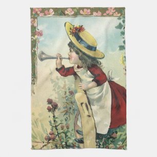 Vintage Victorian Child, Girl Blowing Bugle Meadow Tea Towel