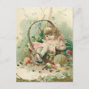Vintage Victorian Child, Girl Spring Fruit Basket Postcard