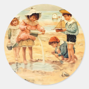 Vintage Victorian Children At The Beach Fine Art Classic Round Sticker