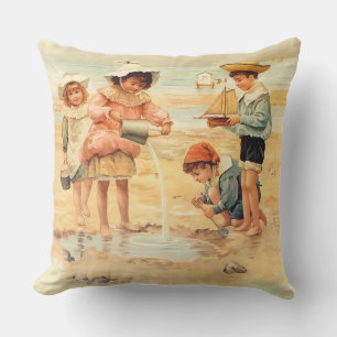 Vintage Victorian Children At The Beach Fine Art Outdoor Cushion