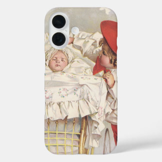 Vintage Victorian Children, Child and Baby in Pram iPhone 16 Case