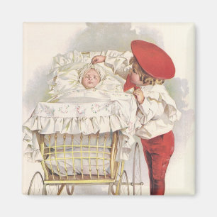 Vintage Victorian Children, Child and Baby in Pram Magnet