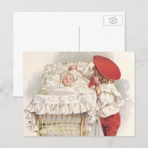 Vintage Victorian Children, Child and Baby in Pram Postcard