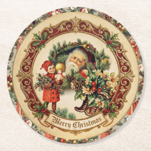 Vintage Victorian Christmas Baubles Round Paper Coaster