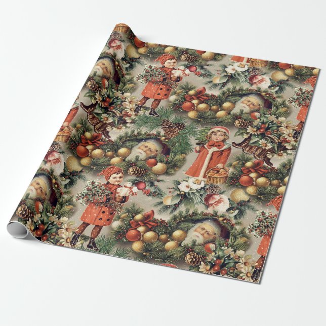 Vintage Victorian Christmas Baubles Wrapping Paper (Unrolled)