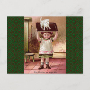 Vintage Victorian Christmas Cat on Tea Tray 1880s Holiday Postcard