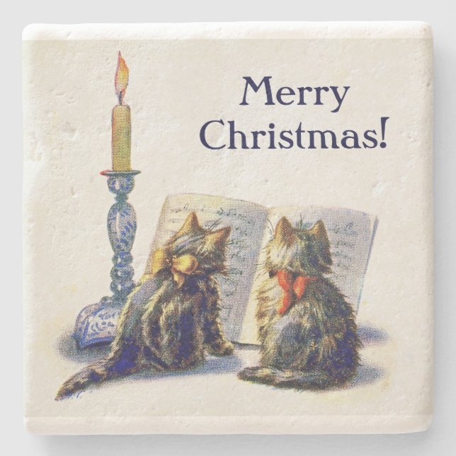 Vintage Victorian Christmas Cats Stone Coaster (Front)