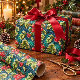 Vintage Victorian Christmas Holly and Berries Wrapping Paper