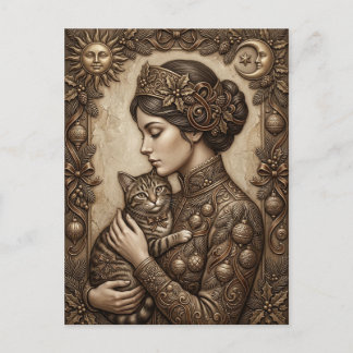 Vintage Victorian Christmas Lady with Cat Elegant  Postcard
