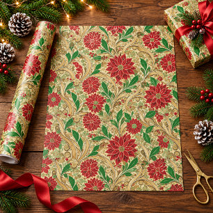 Vintage Victorian Christmas Poinsettia Floral Red Wrapping Paper