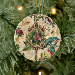 Vintage Victorian Christmas Rose Collage Ceramic Tree Decoration