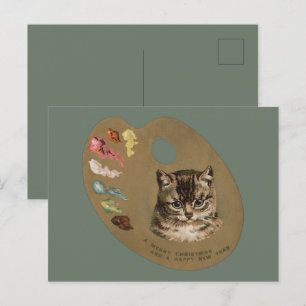 Vintage Victorian Cottagecore Christmas Cat Artist Holiday Postcard