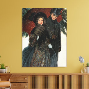 Vintage Victorian Couple Walking in the Snow Canvas Print