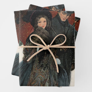 Vintage Victorian Couple Walking in the Snow Wrapping Paper Sheet