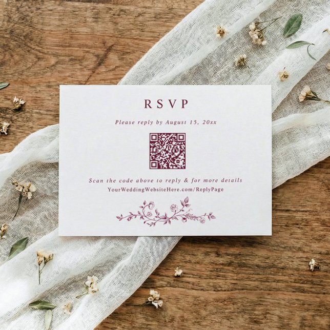 Vintage Victorian Dark Red Wine Wedding QR Code RSVP Card (Wine red wedding QR code RSVP card with vintage French floral border)